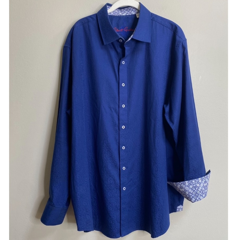 Men's Robert Graham Blue Paisley Jacquard Button Down Flip Cuff Shirt Size XL - Picture 5 of 16